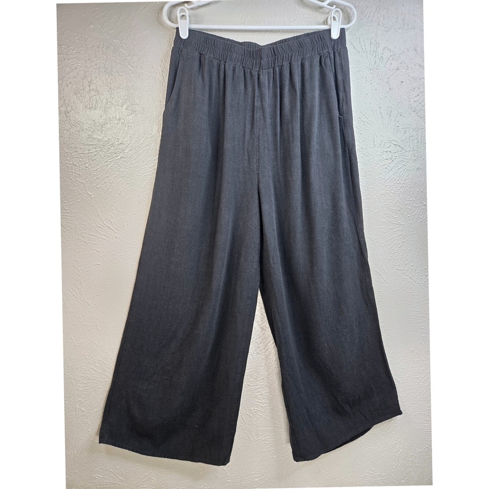Wide Leg Crop Pants Sz L Black Linen Blend High Waist Lagenlook Pull On Palazzo